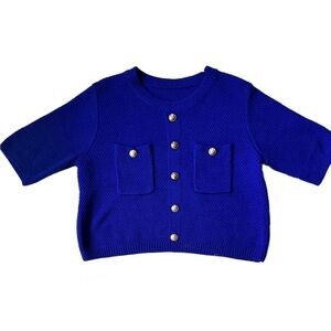 Bright Royal Blue Boxy Crop Short-Sleeved Sweater with Gold-Tone Buttons, Sz -L